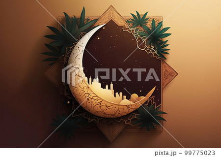 Islamic holiday banner template with Ramadan glowing light, lantern, moon and mosque window portal. AI Islamic holiday banner template with Ramadan glowing light, lantern, moon and mosque window portal. AI 99775023