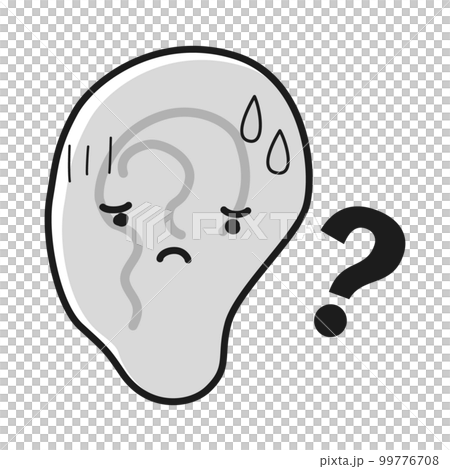 Ear character with a troubled expression (deafness) (black and white) 99776708