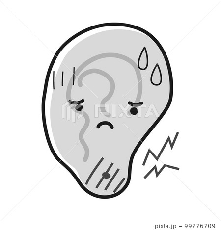 困った表情の耳のキャラクター（ピアス穴の痛み）(白黒) 99776709
