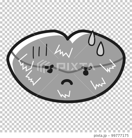 ガサガサに荒れて皮がむけたくちびるのキャラクター(白黒) 99777175