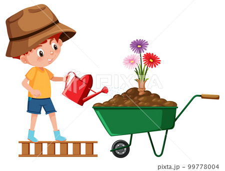A boy watering flower in wheelbarrow 99778004