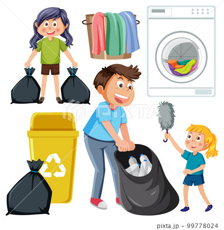 Set of children doing chores with household equipments 99778024