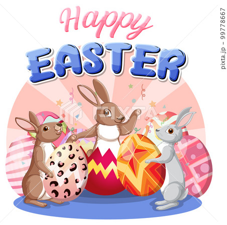 Happy Easter Day with Cute Bunnies and Colourful Eggs 99778667