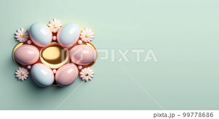 Glossy 3d easter eggs background and banner with small flower ornament and empty space 99778686