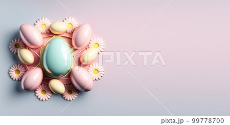 Shiny 3d decorative easter eggs background and banner with small flower ornament and empty space Shiny 3d decorative easter eggs background and banner with small flower ornament and empty space 99778700
