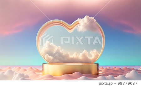 golden podium product advertising stage background platform above sky with clouds around and love heart 99779037