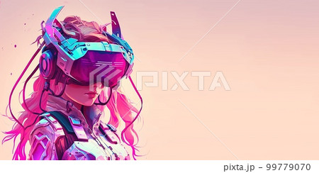 woman using digital artificial intelligence device technology googles headset looking into the world of metaverse augmented reality 99779070