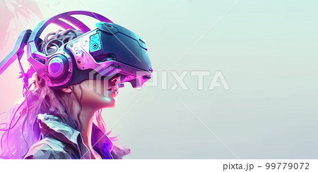 woman using digital cyber device technology googles headset looking into the world of metaverse virtual reality 99779072