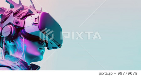 woman using digital game device technology googles headset looking into the world of metaverse virtual reality with copy space woman using digital game device technology googles headset looking into the world of metaverse virtual reality with copy space 99779078
