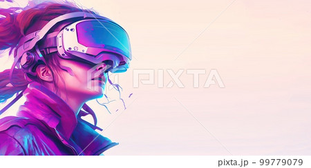 woman using digital game device technology googles headset looking into the world of metaverse augmented reality with copy space woman using digital game device technology googles headset looking into the world of metaverse augmented reality with copy space 99779079