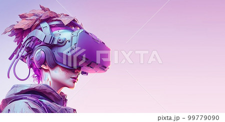 woman using digital simulation device technology googles headset looking into the world of metaverse virtual reality with empty space woman using digital simulation device technology googles headset looking into the world of metaverse virtual reality with empty space 99779090
