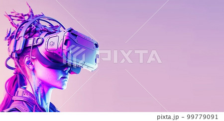 woman using digital simulation device technology googles headset looking into the world of metaverse augmented reality with empty space woman using digital simulation device technology googles headset looking into the world of metaverse augmented reality with empty space 99779091
