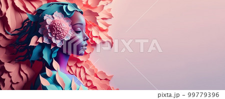 illustration of female face from the side surrounded by leaves and flowers for women's day celebration greeting card illustration of female face from the side surrounded by leaves and flowers for women's day celebration greeting card 99779396