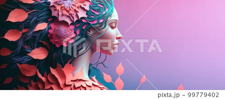 illustration of women face from the side surrounded by leaves for women's day celebration greeting card 99779402