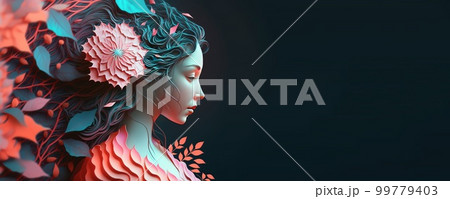 illustration of female face from the side surrounded by leaves for women's day celebration banner 99779403