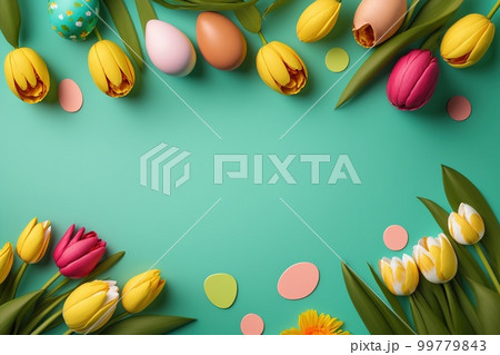 colorful tulips and eggs lying on teal green background with copy space for easter card 99779843