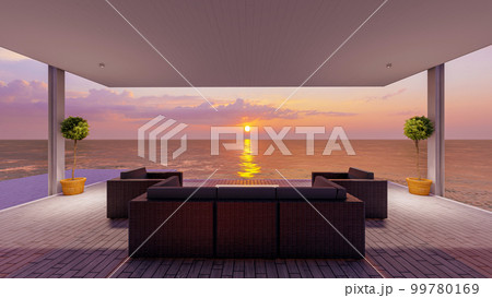 Seaside wooden indoor balcony deck with sofa furniture and beautiful sea view on sunset, 3d rendering 99780169