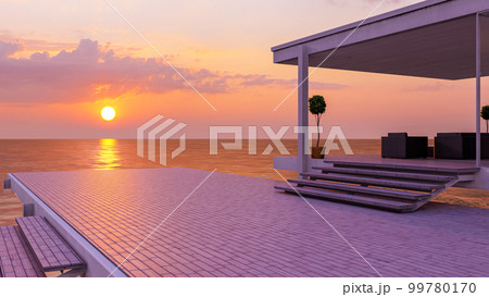 Outdoor seaside wooden balcony deck and beautiful sea view on sunset sky, 3d rendering Outdoor seaside wooden balcony deck and beautiful sea view on sunset sky, 3d rendering 99780170