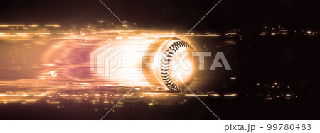 スポーツの概念で投げられた野球ボールを野球バットで打つ動作に画像効果を合成した3dイラスト 99780483