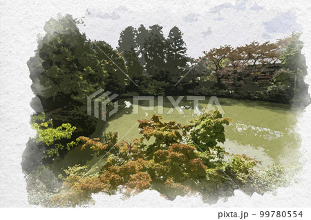 水彩画風　高鴨神社　宮池　奈良県御所市 99780554