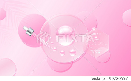 Serum gel drop pink on transparent hexagon glass. Cosmetic product swatch vitamin A structure on display podium. Light textured moisturizing face serum clear skincare liquid. Top view 3D Vector. 99780557