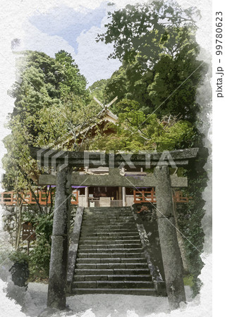 水彩画風 高鴨神社 拝殿 奈良県御所市 水彩画風 高鴨神社 拝殿 奈良県御所市 99780623
