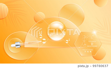 Serum gel drop orange on transparent hexagon glass. Cosmetic product swatch vitamin D structure on display podium. 99780637