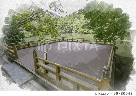 水彩画風　高鴨神社　浮舞台　奈良県御所市 99780643