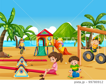 Beach playground with happy children Beach playground with happy children 99780912