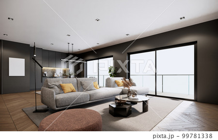 modern apartment, room interior design 3D rendering architectural. living room with sofa black walls and parquet floor. 99781338