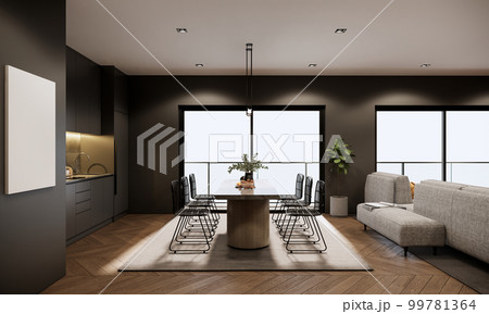 3d rendering mockup high floor apartment room interior design and decoration, modern style built in kitchen counter, dining table and chairs, grey carpet, wooden parquet floor, fabric sofa. 3d rendering mockup high floor apartment room interior design and decoration, modern style built in kitchen counter, dining table and chairs, grey carpet, wooden parquet floor, fabric sofa. 99781364