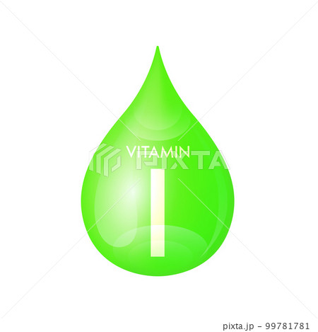 Drip vitamin I green icon 3D isolated on a white background. Drop minerals and vitamins complex realistic. Used for nutrition products food. Medical scientific concepts. Vector EPS10 illustration. 99781781