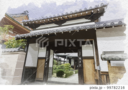 水彩画風　西方院　山門　大阪府南河内郡太子町 99782216