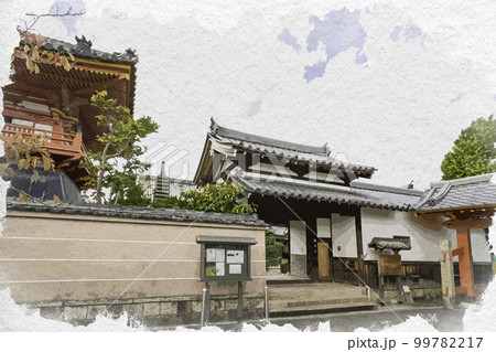 水彩画風　西方院　山門　大阪府南河内郡太子町 99782217