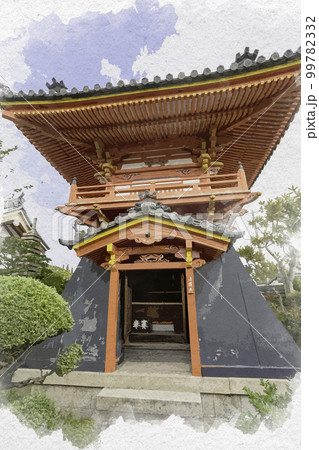 水彩画風　西方院　鐘棲堂　大阪府南河内郡太子町 99782332