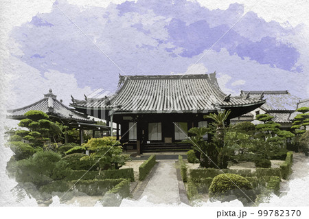 水彩画風　西方院　本堂　大阪府南河内郡太子町 99782370