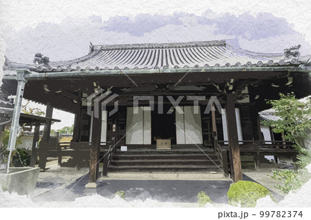 水彩画風　西方院　本堂　大阪府南河内郡太子町 99782374