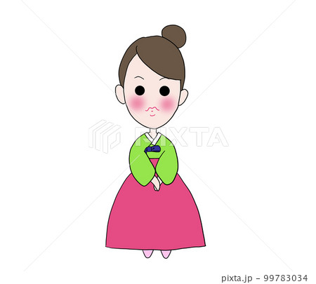 韓国の伝統衣装である美しくあでやかなチマチョゴリを着て立っている