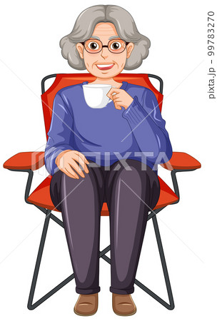 Grandmother drinking coffee sitting on camping chair 99783270
