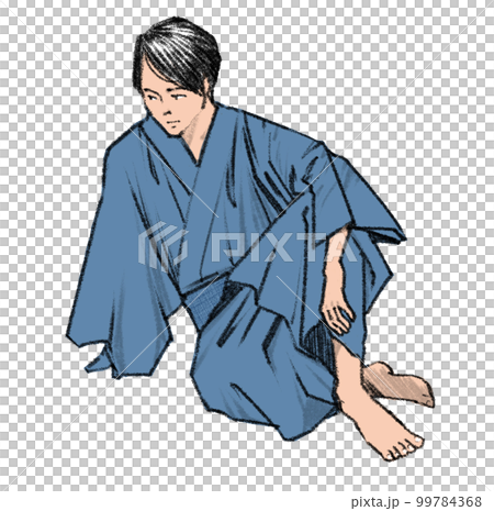 一個穿著和服的男人跪在地上放鬆 一個穿著和服的男人跪在地上放鬆 99784368