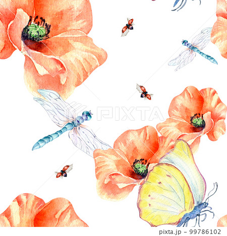 Meadow poppies with beetles watercolor seamless pattern on white. Meadow poppies with beetles watercolor seamless pattern on white. 99786102