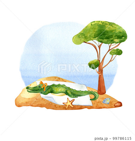 Cartoon crocodile has sunbathing on the beach watercolor illustration isolated on white. 99786115