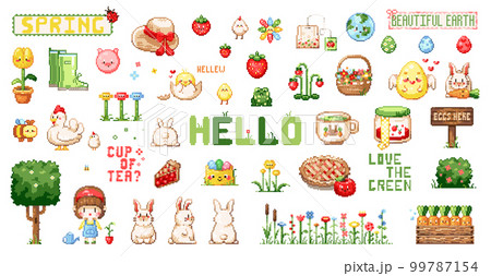 Pixel art cute spring farm and garden sticker set. 8 bit vintage video game style spring decorations pack like strawberries, animals, sweets, trees, planting, gardening, garden beds and plants. 99787154