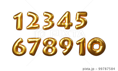 金色のバルーン、風船の数字のセット。立体的な数字のセット。背景透過。（PNG） 99787584
