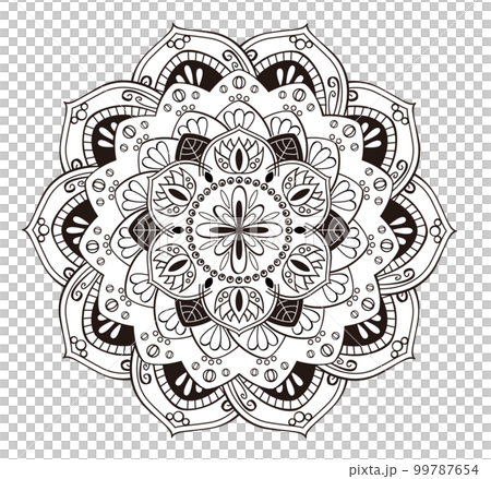 満開の花のような曼荼羅 白黒モノクロのイラスト素材 [99787654
