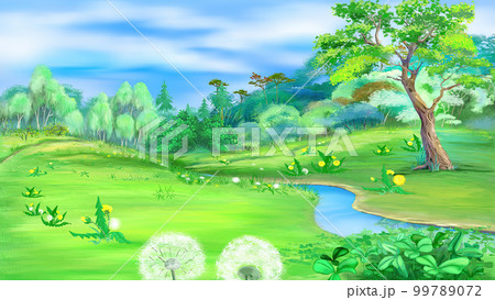 Blooming dandelions in nature illustration Blooming dandelions in nature illustration 99789072