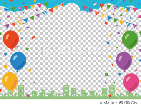 以城市景觀為背景的花環、五彩紙屑和氣球的框架材料 以城市景觀為背景的花環、五彩紙屑和氣球的框架材料 99789750