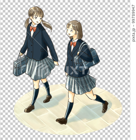 A female student wearing a uniform walking while having a conversation 99789947