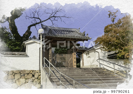 水彩画風　石光寺　山門　奈良県葛城市 99790261