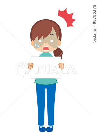 メッセージボードを持って驚いている可愛い若い女性のイラスト　白背景　ベクター　全身　人物 99790278